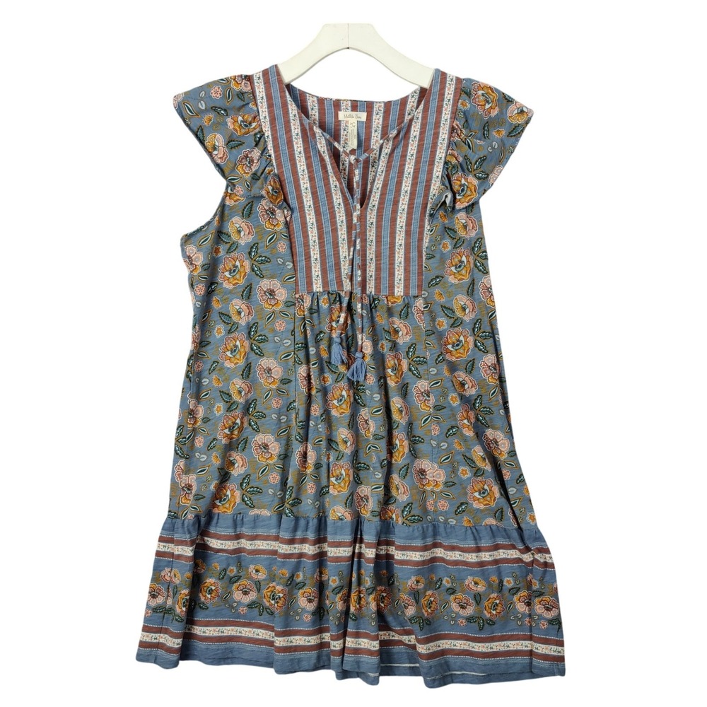 Matilda Jane Womens Prairie Cottage Earthy Floral Dress L Blue Rust Mixed Tassel